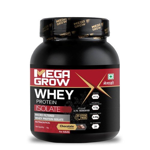 Megagrow Isolate Whey Protein Powder Chocolate Flavor , Energy 125kcal | 24.5g Protein, 4.7g BCAA – 29 Servings, Pack of 1 Kg    Price Rs  1999