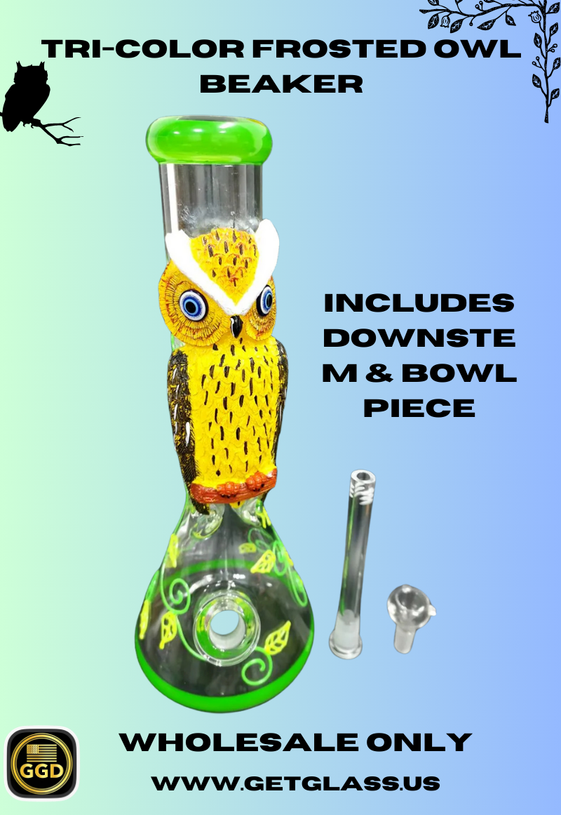 Tri-Color Frosted Owl Beaker | Includes Downstem & Bowl Piece