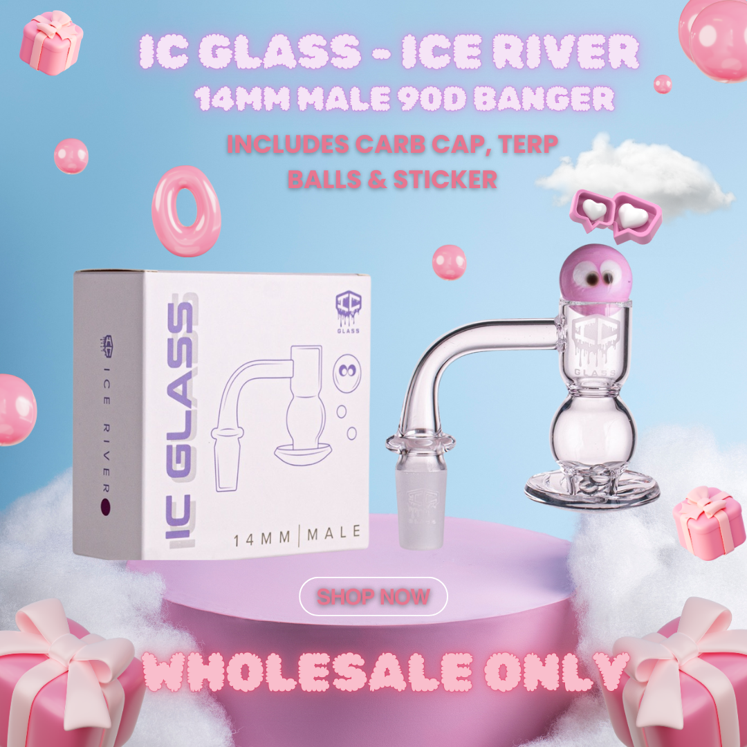 IC GLASS – ICE RIVER| 14mm Male 90D Banger| Includes Carb Cap, Terp Balls & Sticker |