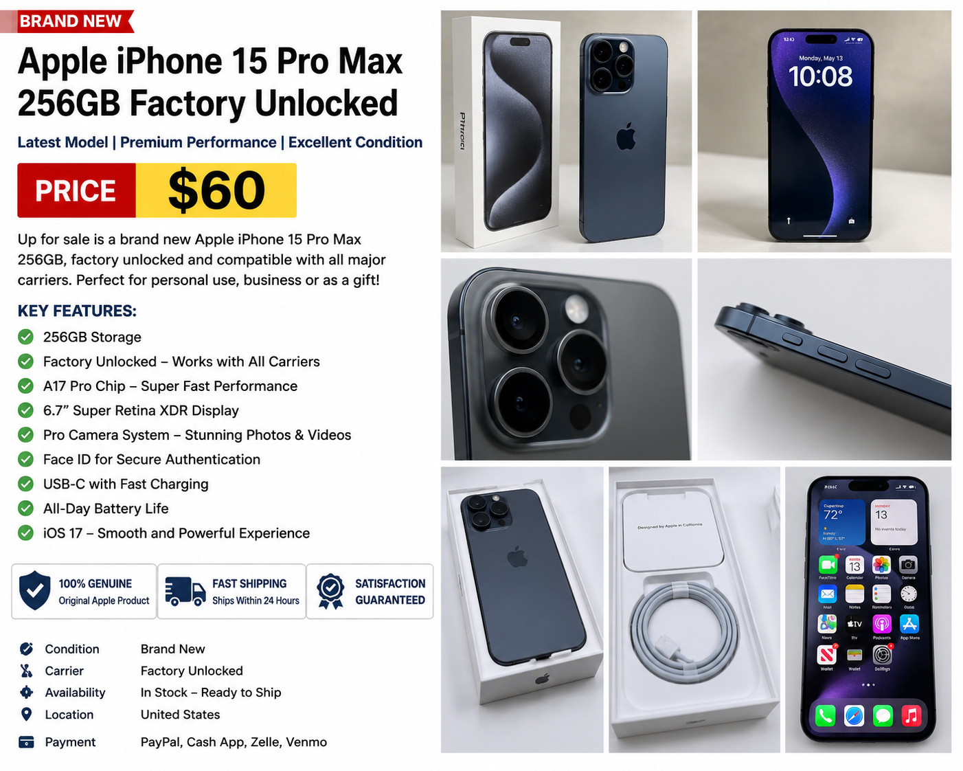 🔥 Apple iPhone 15 Pro Max 256GB – Factory Unlocked & Brand New