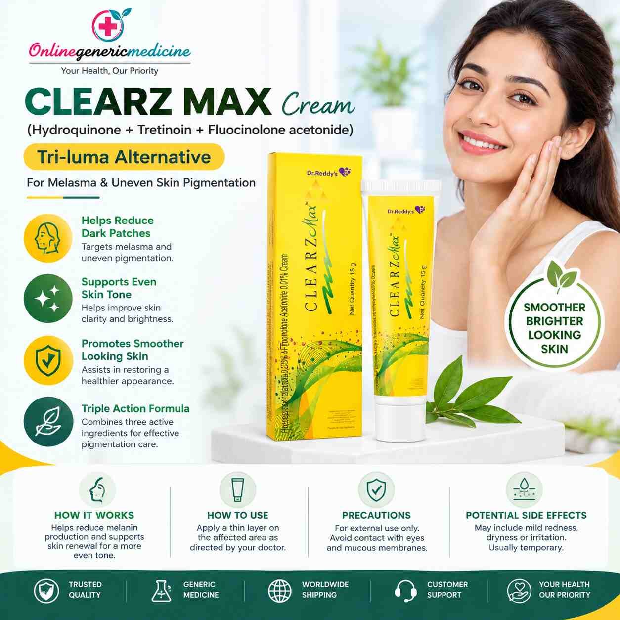 Clearz Max Cream for Melasma | Hydroquinone, Tretinoin & Fluocinolone | Online Generic Medicine