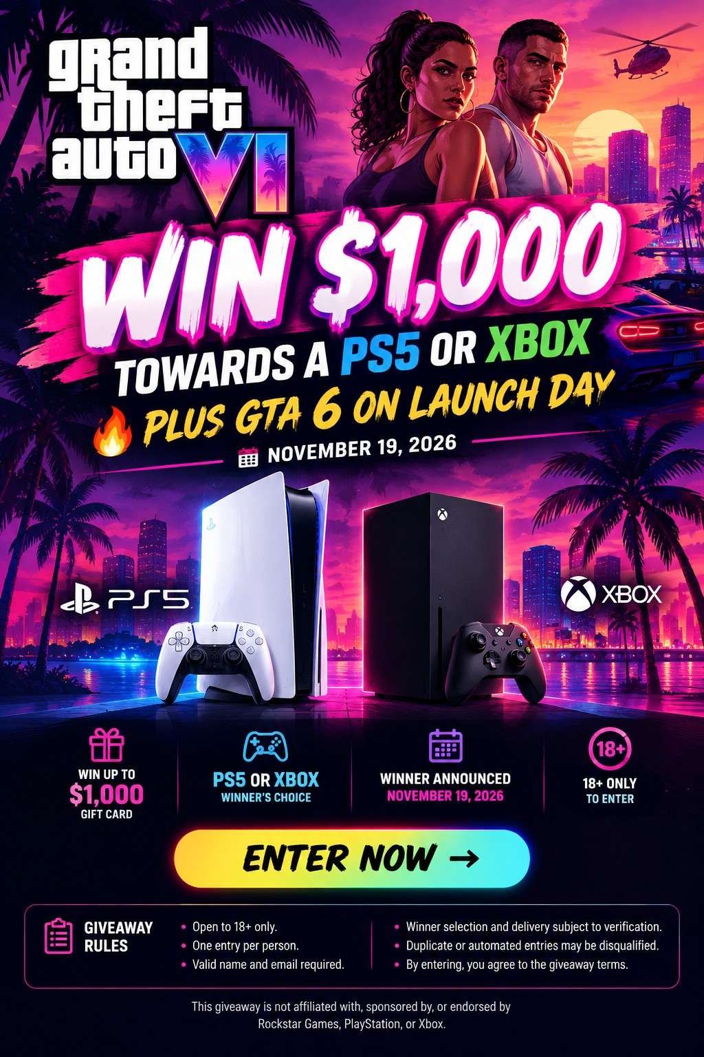 GTA 6 Giveaway: Win $1,000 + PS5 or Xbox!